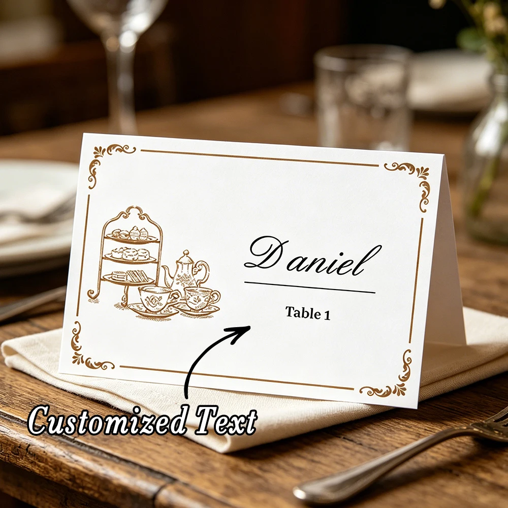 12pcs, Custom Folded Place Cards, Personalized Name Tent Seating Cards, Vintage Tea Party Design, Wedding Table Decor Supplies