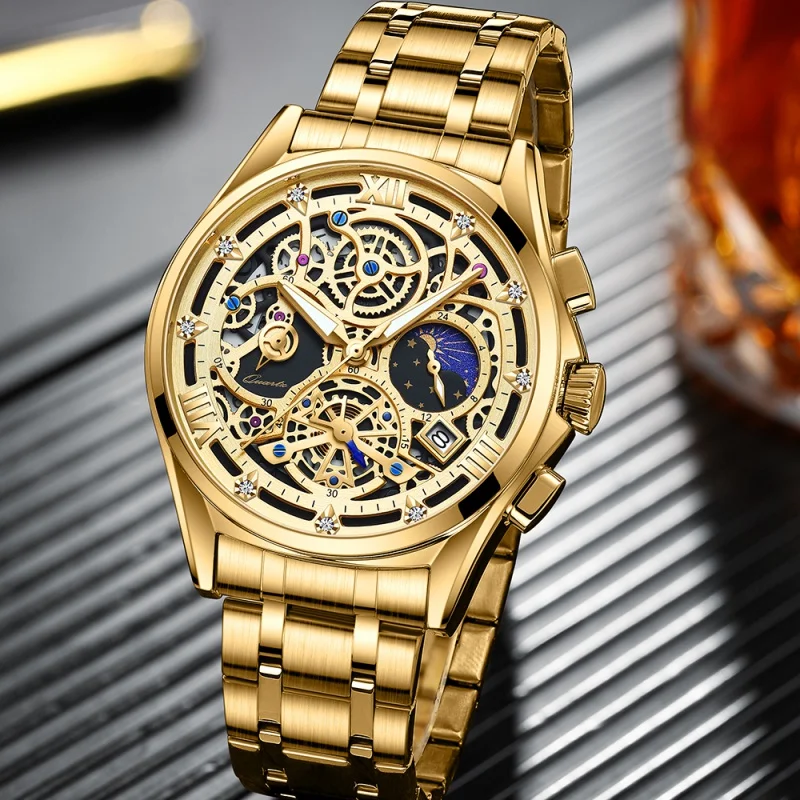 

Man Luxury Top Brand Men Watche Gold Chronogra Watch Stainless Steel Big Male Wristwatch Yellow Quartz Sports Watches For Man