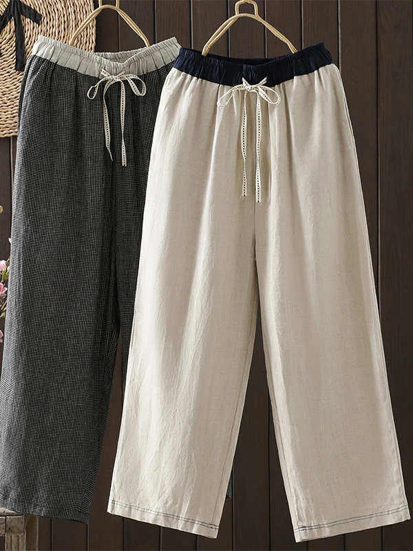 

Брюки с высокой талией и широкими штанинами из хлопка и льна, повседневные, прямые, с эффектом похудения, для полных женщин, весенняя мода