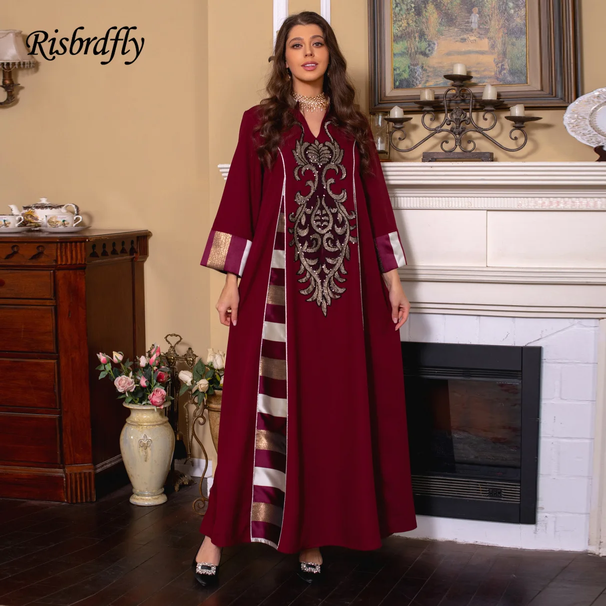 

Abayas For Women Elegant Casual Floral Embroidery Patchwork Long Dresses Vintage Contrast Color Kaftan Ramadan Gulf dress
