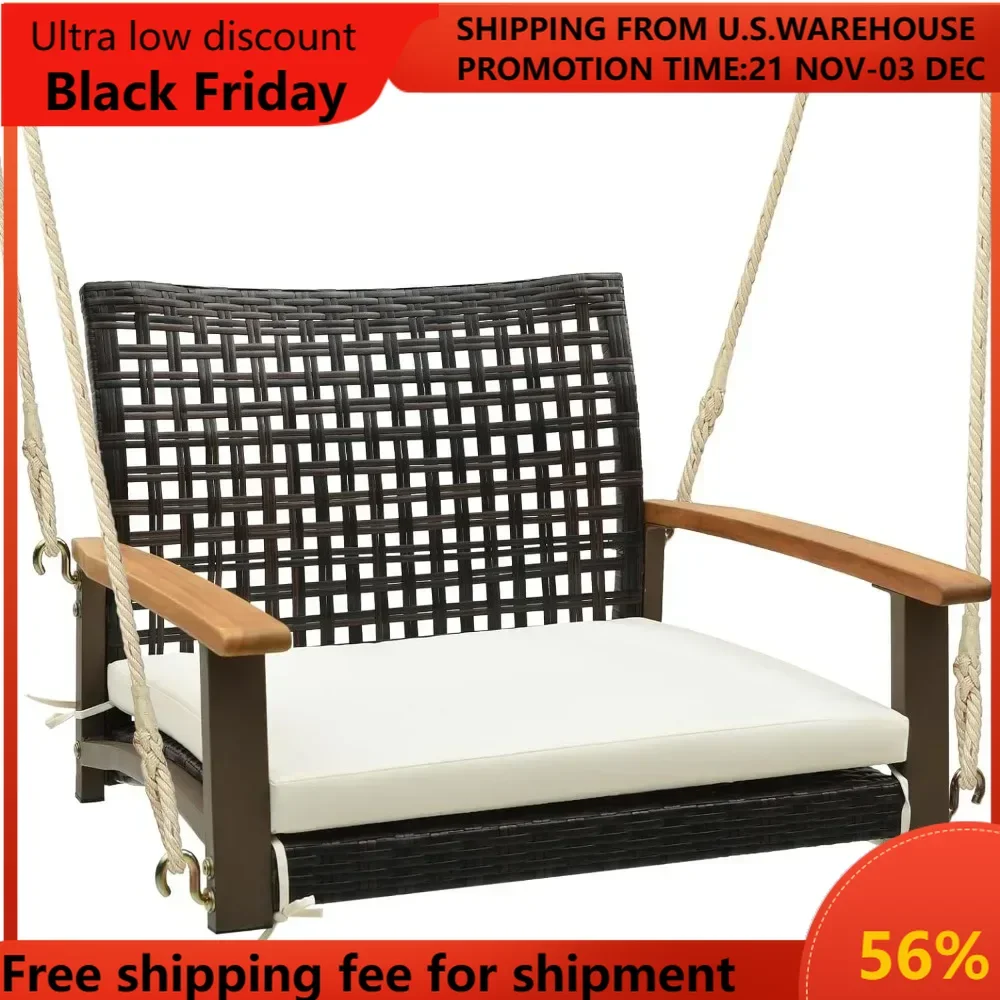 Hanging Porch Swing, 1 Person Patio Wicker Swing Chair with Metal Frame, Cushion, Ropes & Hooks, Outdoor PE Rattan Swing Seat