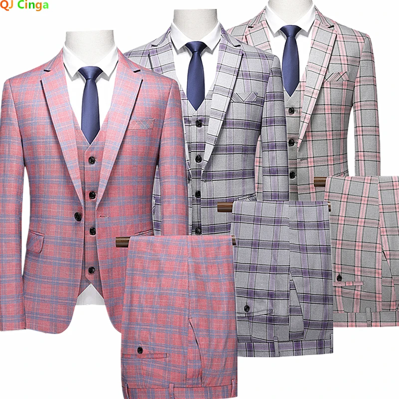 Red Striped Plaid Suit 3-piece Men\'s Wedding Party Dress Jacket and Pants Vest Fashion Slim Men Blazer Coat Trousers Waistcoat