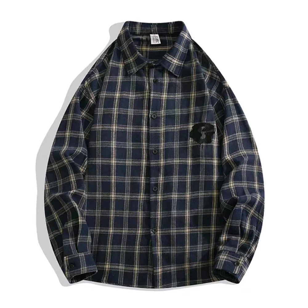 Turn-down Collar Blue Plaid Casual Men Shirts Long Sleeve Autumn Outerwear Clothes