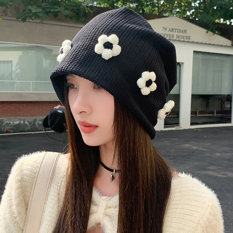 Women Slouchy Beanie Hat Women Loose Fit 3D Flower City Walk Travel Soft Young Girls Autumn Winter Daily Wear Street Snap Beanie