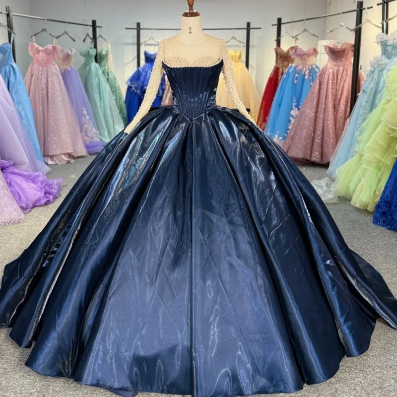 

Navy Blue Shiny Quinceanera Dresses Long Sleeves Sequin Beading Bow Party Birthday Sweet 16 Dress Vestidos 15 De Anos