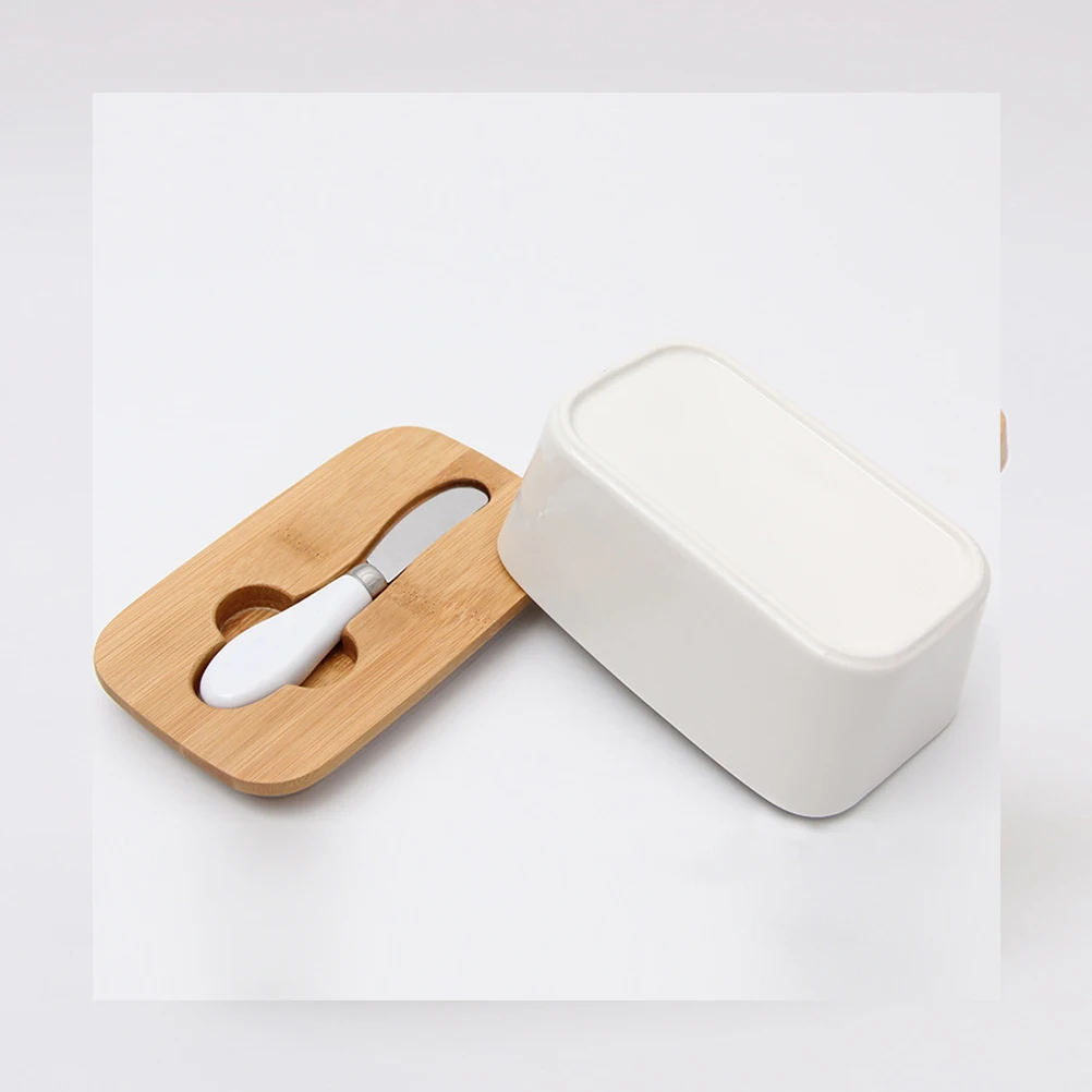 

Ceramic Butter Box Hygienic Wash Resistant Tempered Butter Dish Wood Lid Cool Fresh Food Containers Storage Tray Kitchen Bar