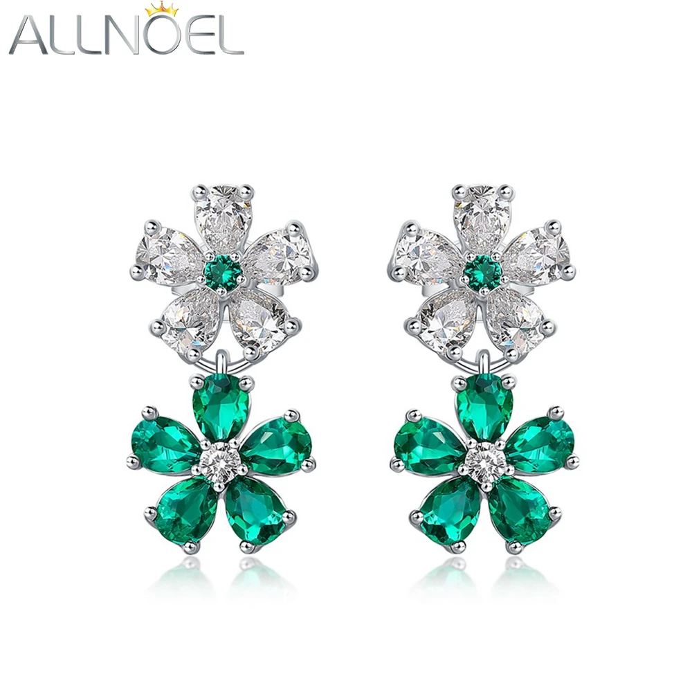 

ALLNOEL 925 Sterling Silver Dangle Earrings For Women Natural 3*4mm Lab Created Emerald Trendy Flower Fine Jewelry Party Gifts