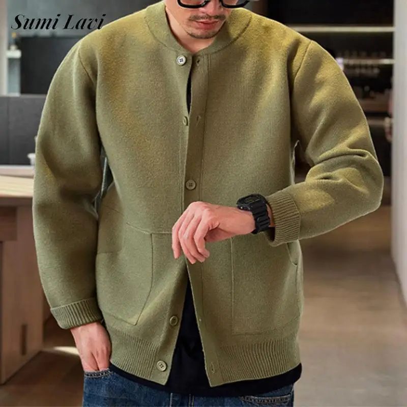 Trendy Men's Solid Color Sweatercoats Autumn Outdoor Fashion Button-up O Neck Cardigans Men Knitting Long Sleeve Sweater Jacket