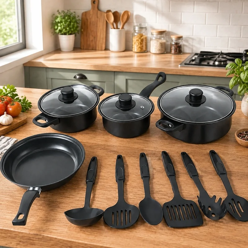 Complete 13-Piece Set of Black Nonstick Pots, Frying Pan, and Cooking Tools Compatible with Induction for Indoor and Outdoor Use