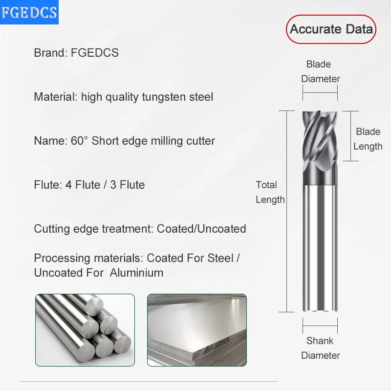 Carbide Tungsten Steel Milling Cutter Short-edged 4 Flute end mill 3 Flute Aluminum Milling Cutter CNC Maching Milling Tools 60°