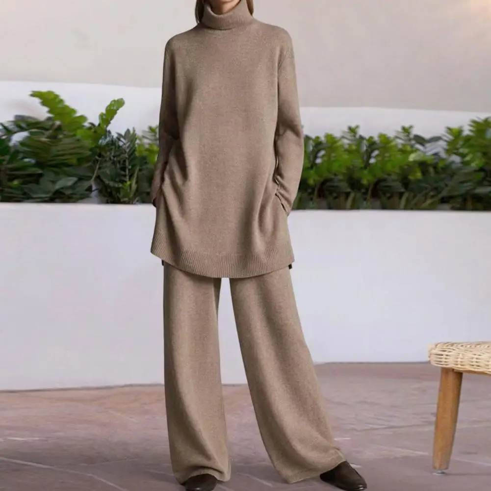 2 Pcs/Set Sweatshirt Pants Set Knitting High Collar Long Sleeves Pullover Loose Neck Wide Leg Winter Blouse Pants Set