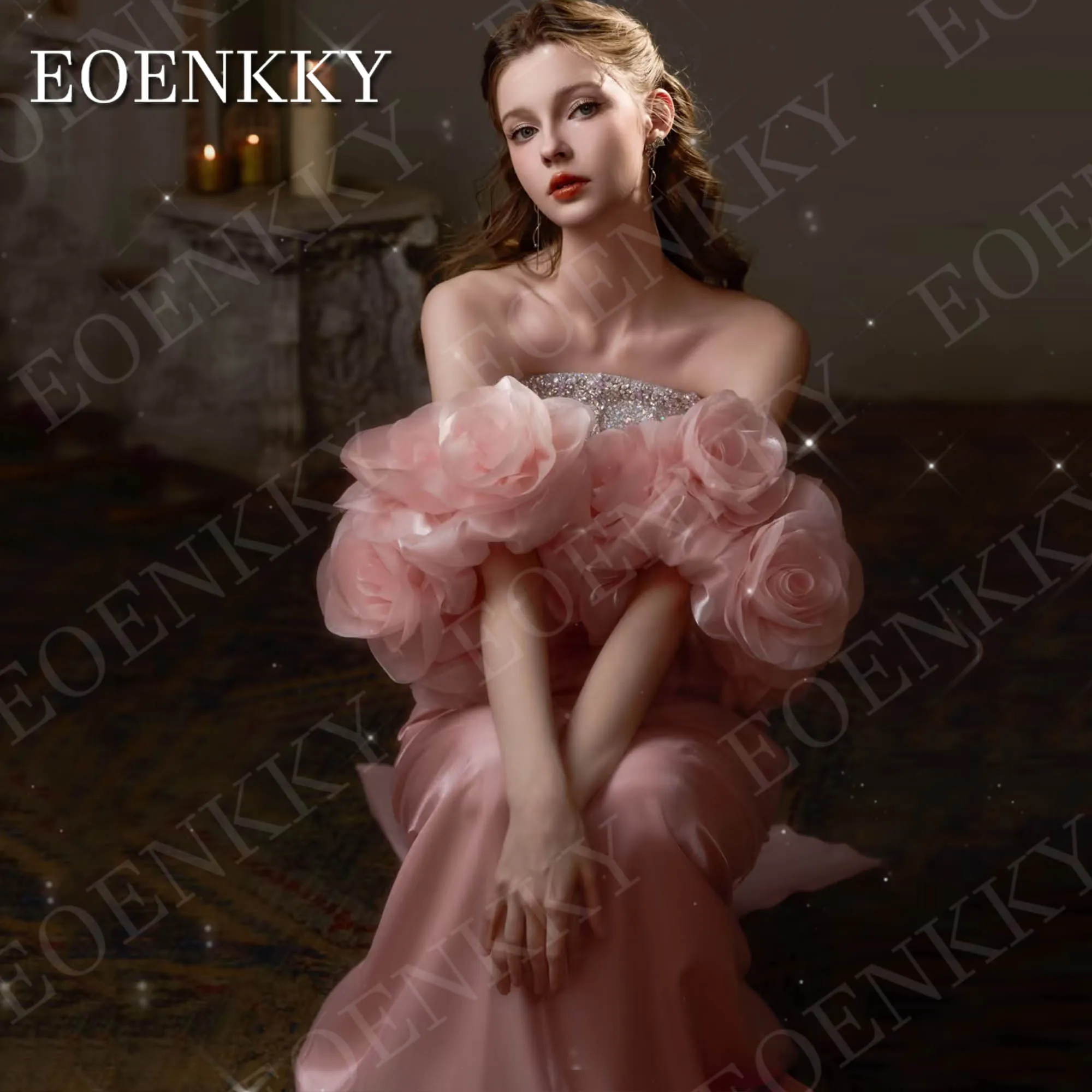 فستان سهرة بحورية البحر سباركلي من EOENKKY أنيق بدون حمالات مطرز بالترتر من الساتان فساتين مأدبة ثلاثية الأبعاد مزهّرة بدون أكتاف مخصصة فستان ليلة حورة البحر الرائعة أنيقة بائكة بلا حزمة الخرز فساتين مأدبة الساتين 3D ز