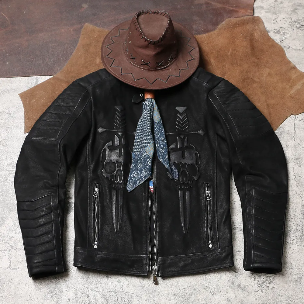 Dark Skull Biker Genuine Leather Jacket, Washed Matte Cowhide Genuine Motorcycle Riding Coat Men Outerwear