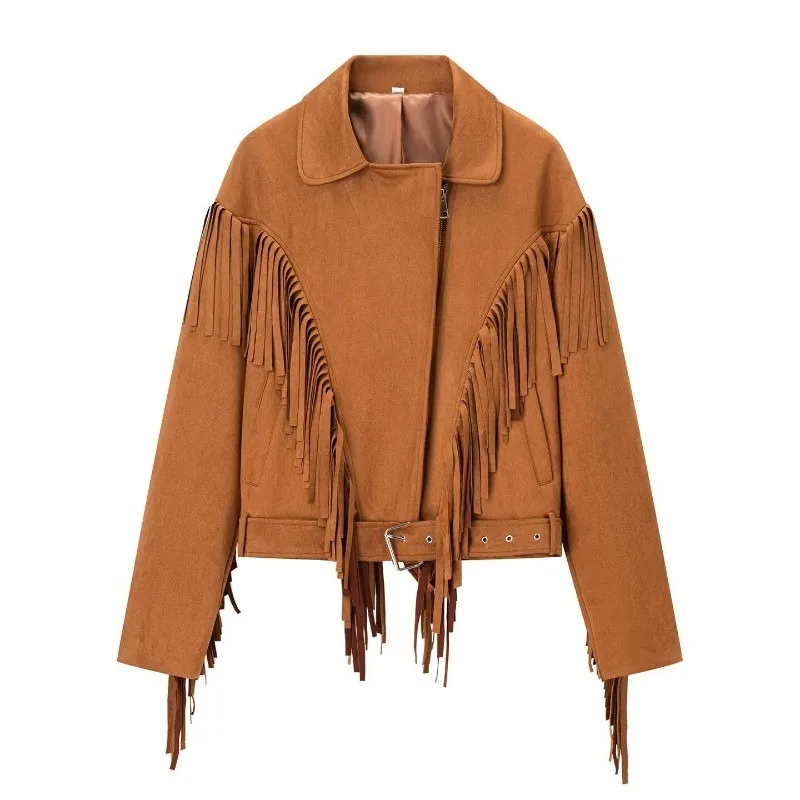 Vintage Notch Lapel Collar Jacket Tassel Fringe Decor Adjustable Buckle Belt Waist Long Sleeve Women Cropped Outerwear 260701