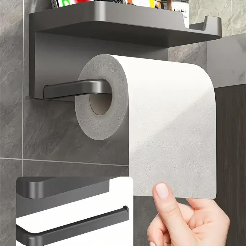 حامل ورق المرحاض المثبت على الحائط، بلاستيك ABS متين بدون حفر، رف مناديل لاصق، رف تخزين موفر للمساحة، مادة مقاومة للماء #4