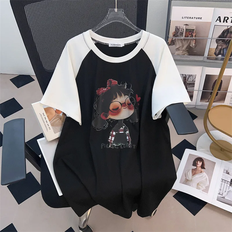 170Kg Plus Size Women's Bust 170 Summer Loose Short Sleeve Printed Contrasting T-Shirt Black White 4XL 5XL 6XL 7XL 8XL 9XL
