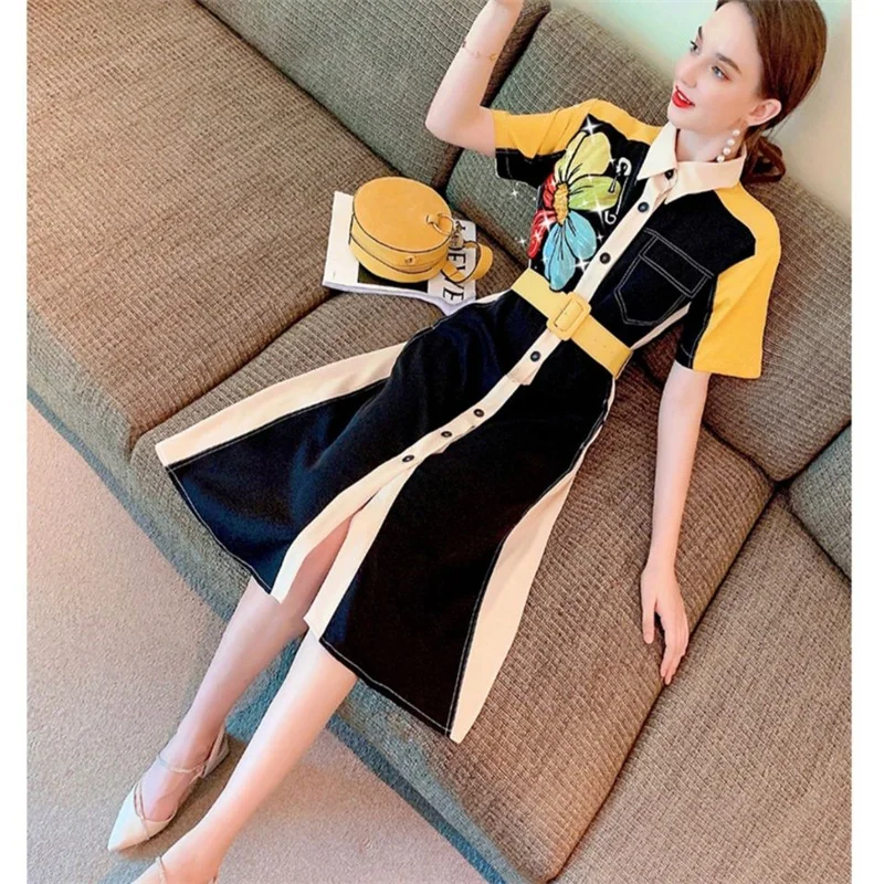 Female Embroidery Shirt And Dress.2023 Summer Women Medium Long Waist Was Slim Design Felt Like Stitching Printing Dress Coat