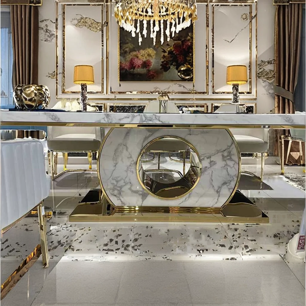 Modern Luxury Gold Chromed Hotel Dining Table Set 6 Seater Marble Top Metal Chair Set