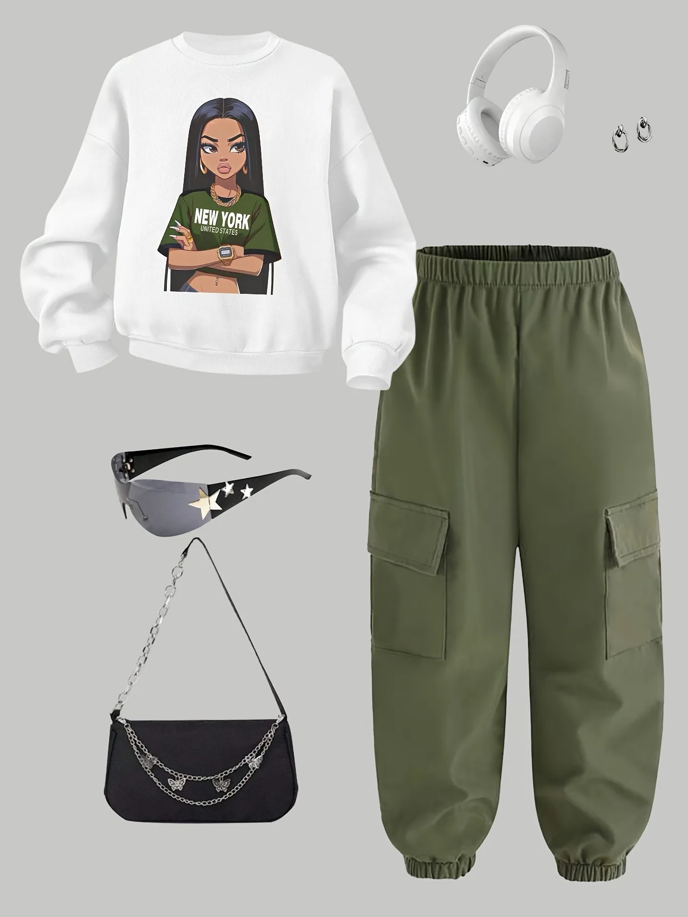 Kids Girls Two Piece Casual Clothes, Fashion Cartoon Print Long Sleeve Top + Loose Cargo Joggers Outdoor Daily Wear