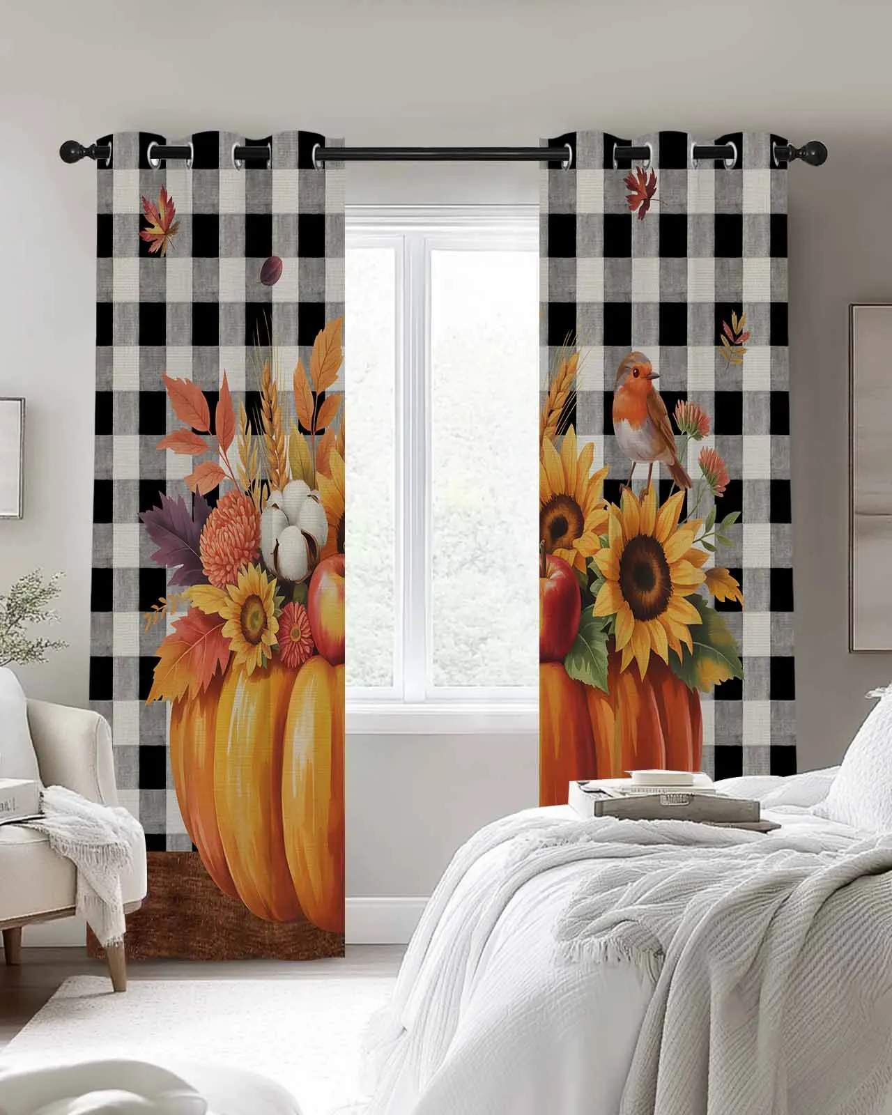 

Plaid Autumn Pumpkin Sunflower Polyester Window Curtains For Living Room Kitchen Bedroom Drapes