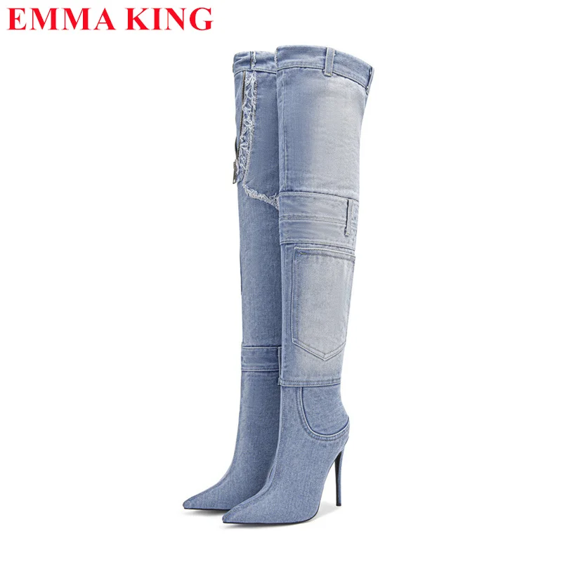 

New Pocket High Heel Long Boots for Women Winter Autumn Over The Knee Boots Thin Heeled Shoes Pointed Toe Denim Thigh High Boots