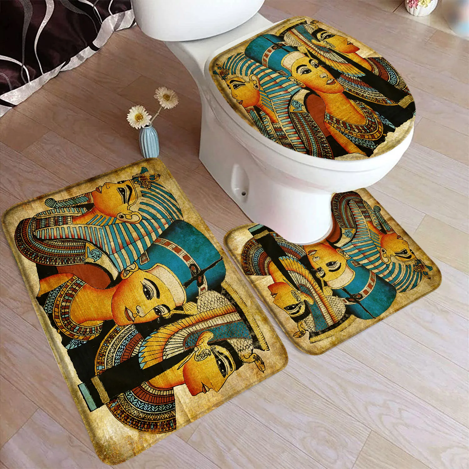 Ancient Egyptian Bath Mat Set Temple Pharaoh Ethnic Style Vintage Home Carpet Bathroom Decor Floor Rug U-shaped Pad Toilet Cover