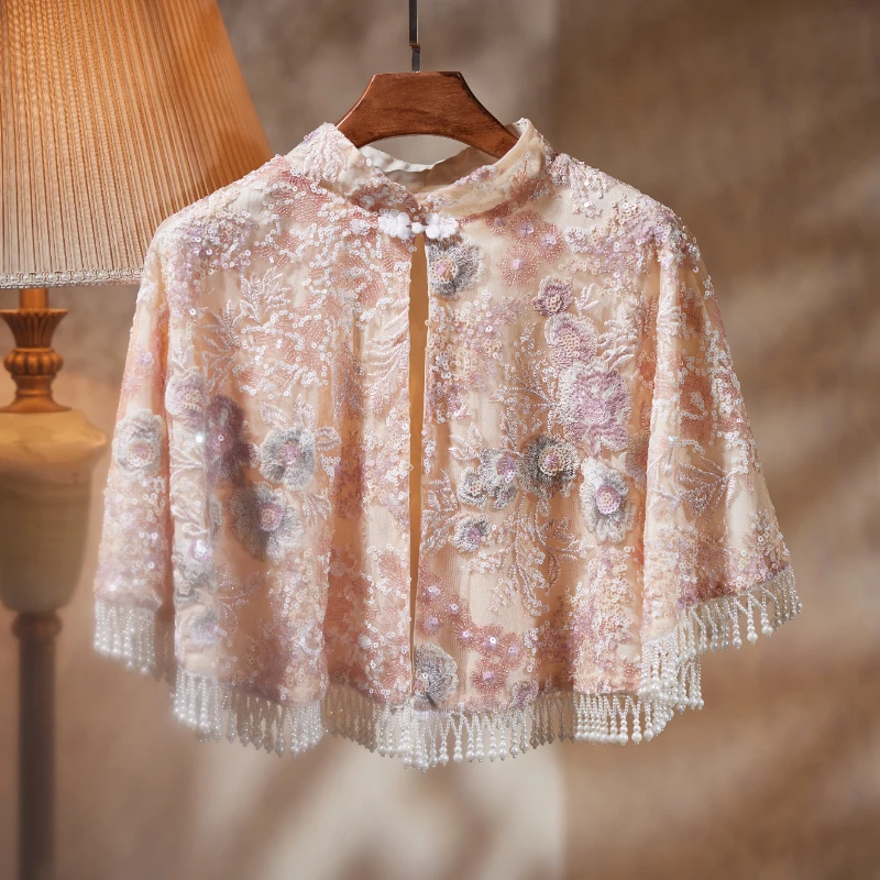 Spring/Summer Qipao Shawl Dress Props Women Cloak Chinese Style Sequin Lace Top Heavy Handmade Tassel Jacket Girls Qipao Coat