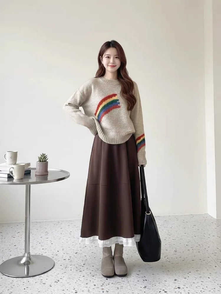 

Korean Sle Lazy Soft Loose Rainbow Stripes Knitted Sweater Women High Waist Slimming Coffee Color f Skirt Two Piece Set