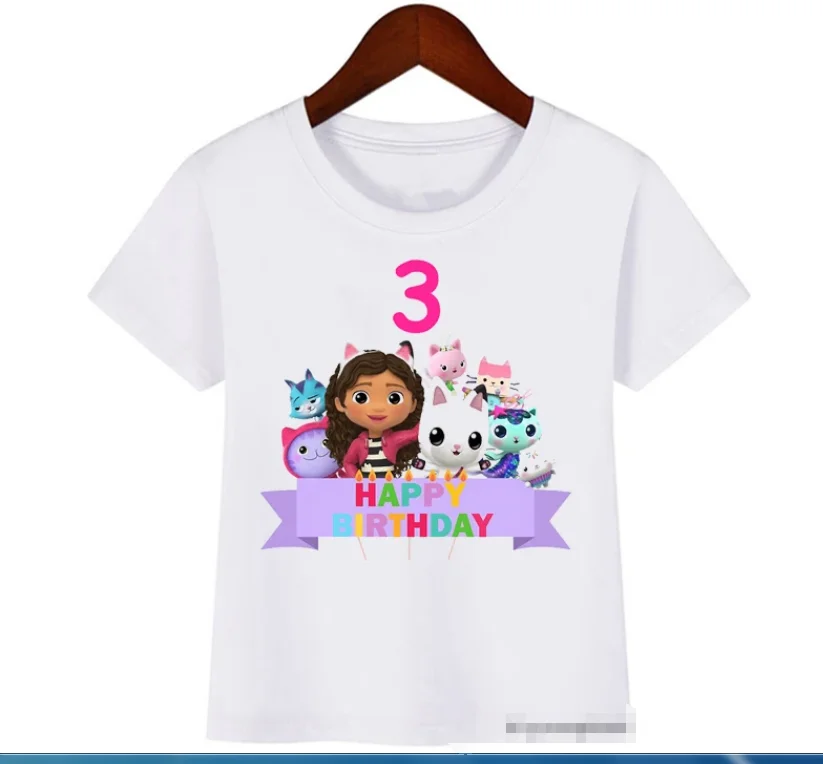 Summer  Cute Gabbys Doll House Cartoon Tshirt For Kids Birthday Clothing 2-12 Year  Baby Girls Tshirt Tops