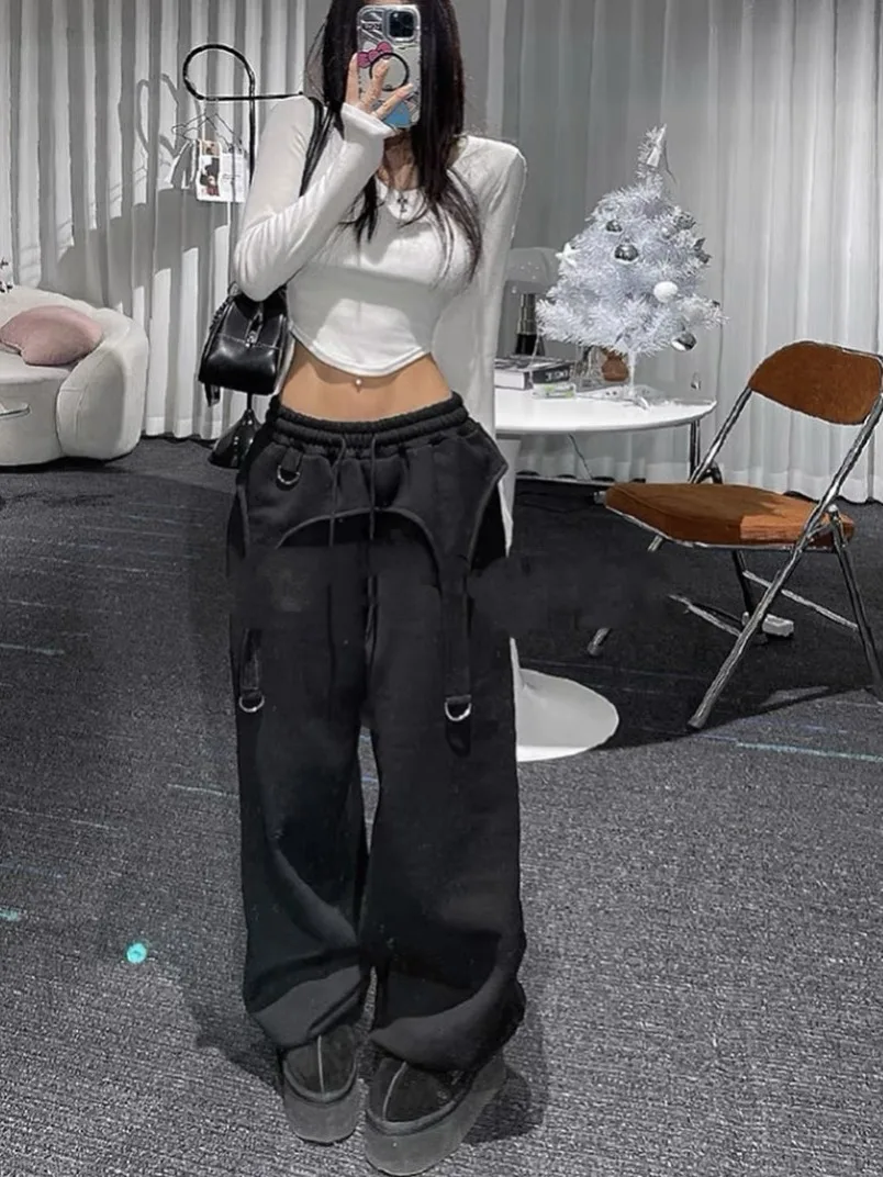 Retro Design Metal Bule Casual Pants Long Trousers Pure Color Women's Autumn Winter New Sle Asymmetric Sweatpants