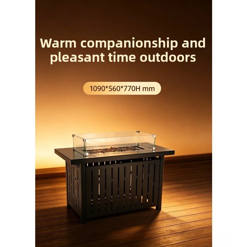 1090mmOutdoor LPG Fire Pit Table Propane/Butane Gas Patio Heater with 304 Burner Glass Wind Guard  Lava Rock for Garden Backyard