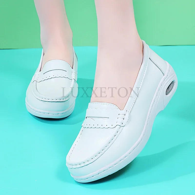 Sapatos de couro genuíno almofada de ar para mulheres, fundo macio, respirável, plano, branco, médico, primavera, verão, novo