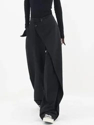 Deeptown Women Wide Suit Pants High Waist Black Japanese Style Baggy Trousers Gothic Irregular Straight Pants Casual Streetwear