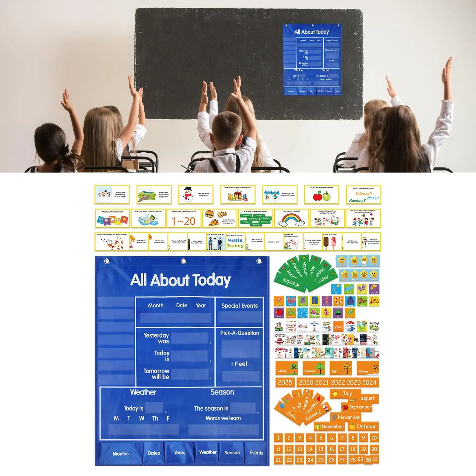 Gráfico de bolso para clima e calendário, gráfico de bolso educacional, pendurado, dobrável, resistente a rasgos, recurso de aprendizagem para cuidados diários, crianças