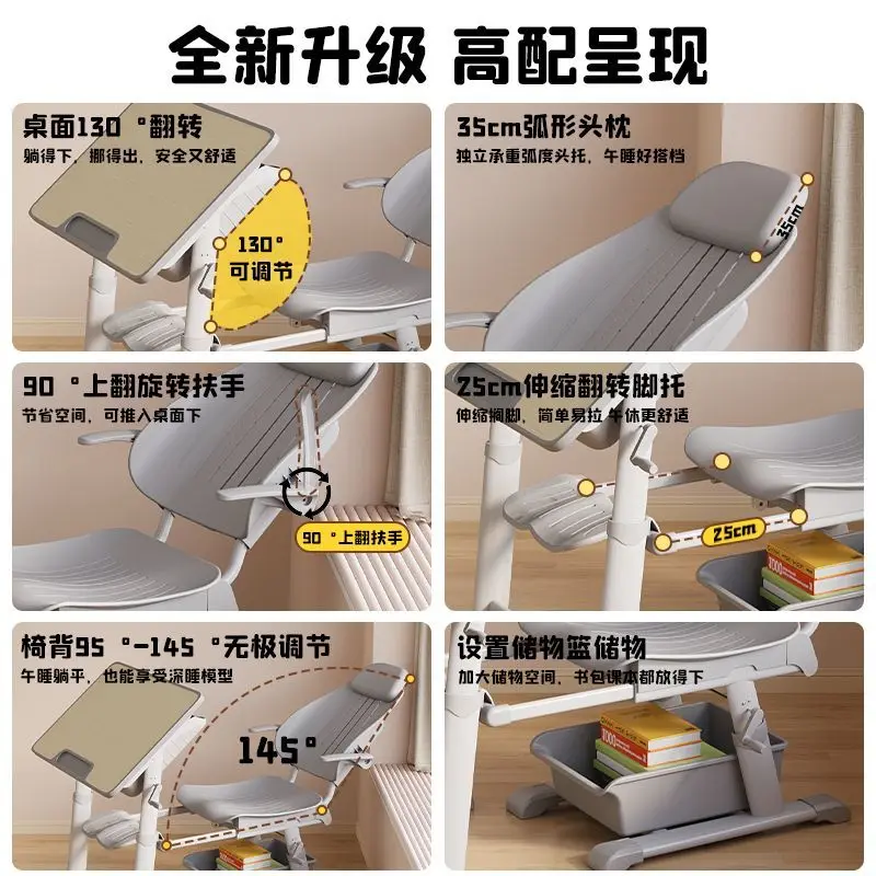Estudantes, mesas e cadeiras para almoço, salas de aula, mesas e cadeiras reclináveis e elevatórias