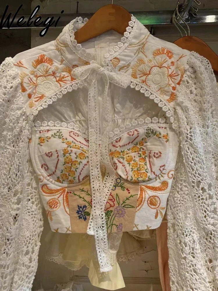 Chemise à fleurs brodées vintage pour femmes, chemisier découpé, manches longues lanterne rétro, beau haut à lacets, femme, nouveau, luxe, 2024