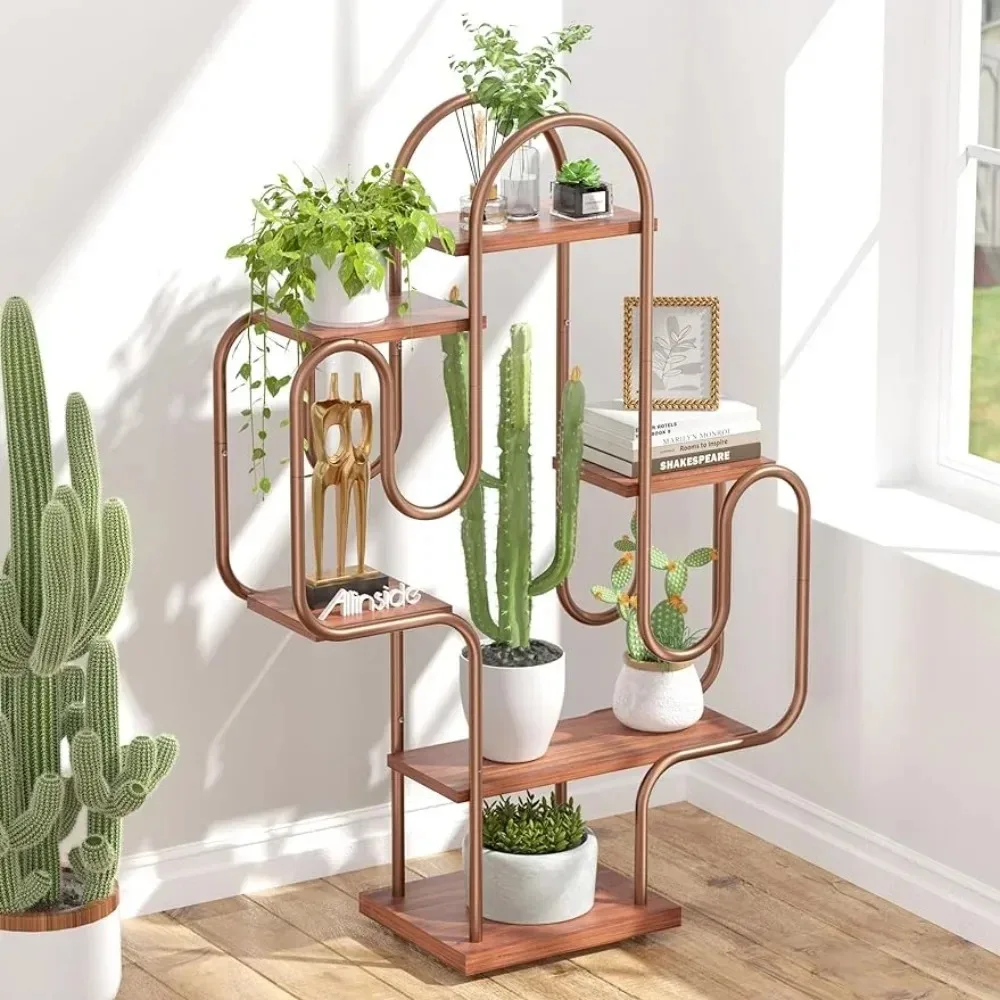 Cactus Corner Bookshelf, 6 Tiers Multipurpose Plant Stand, Heavy-Duty Metal Corner Shelf, Creative Tall Display Rack, Rustic