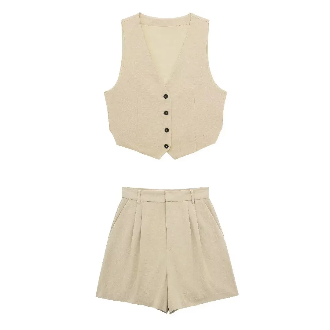 TRAFZA Women Fashion 2 Piece Set V-Neck Sleeveless Single Breasted Vest Top+Elegant High Waist Back Pocket Zipper Mini Shorts