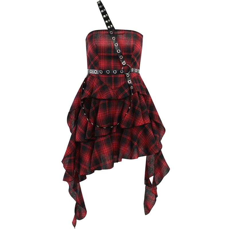 Girls Plaid A-line Dress Women's Irregular Ruffled Hem Dress Gothic Club Dress