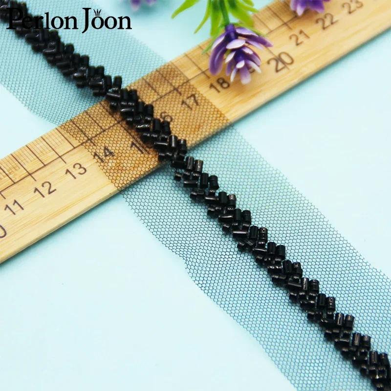 5Yards Multiple Pattern Black Long Short Glass Bead Imitation Handmade Mesh Lace Trim DIY Sew Decoration for Wedding Dress HB073