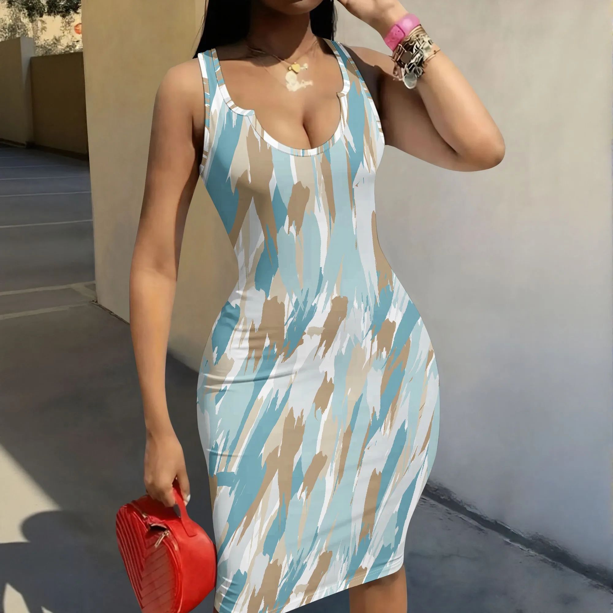 Brushstroke Print Dress, Abstract Pattern Bodycon Dress, Sleeveless Mini Dress for Women, Summer Beach Party Wear, XS-2XL