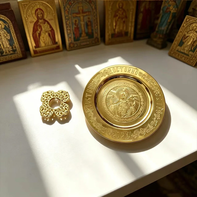 Luxury Gold Altar Set Orthodox Diskos Plate and Star in Premium Box for Liturgical Ceremony Byzantine Religious Home Decoration
