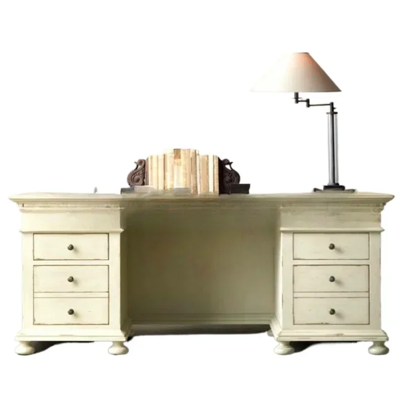 Solid wood writing desk furniture American retro old carved children's storage table book table and chair combination