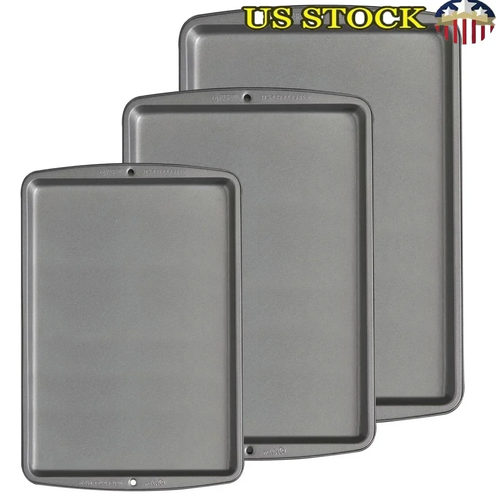 

Non-Stick Cookie Sheet Pan Bakeware Set 3-Piece Durable Carbon Steel Baking Trays Dishwasher Safe Oven Safe Heat Resistant Easy