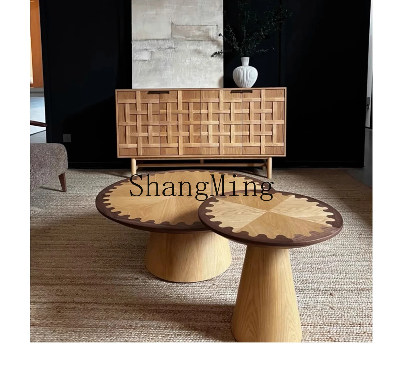 

CL Vintage Style Solid Wood Pattern Round Coffee Table Wabi-Sabi Style Retro Club Coffee Table Set