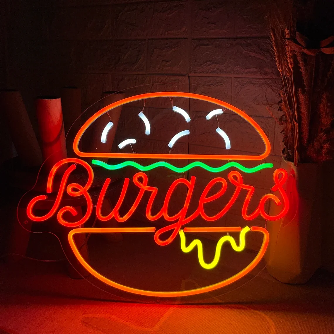 

Burger Neon Sign Hamburger Neon Light Up Sign Home Wall Decor Fast Food Coffee Shop Restaurant Bar Decoration