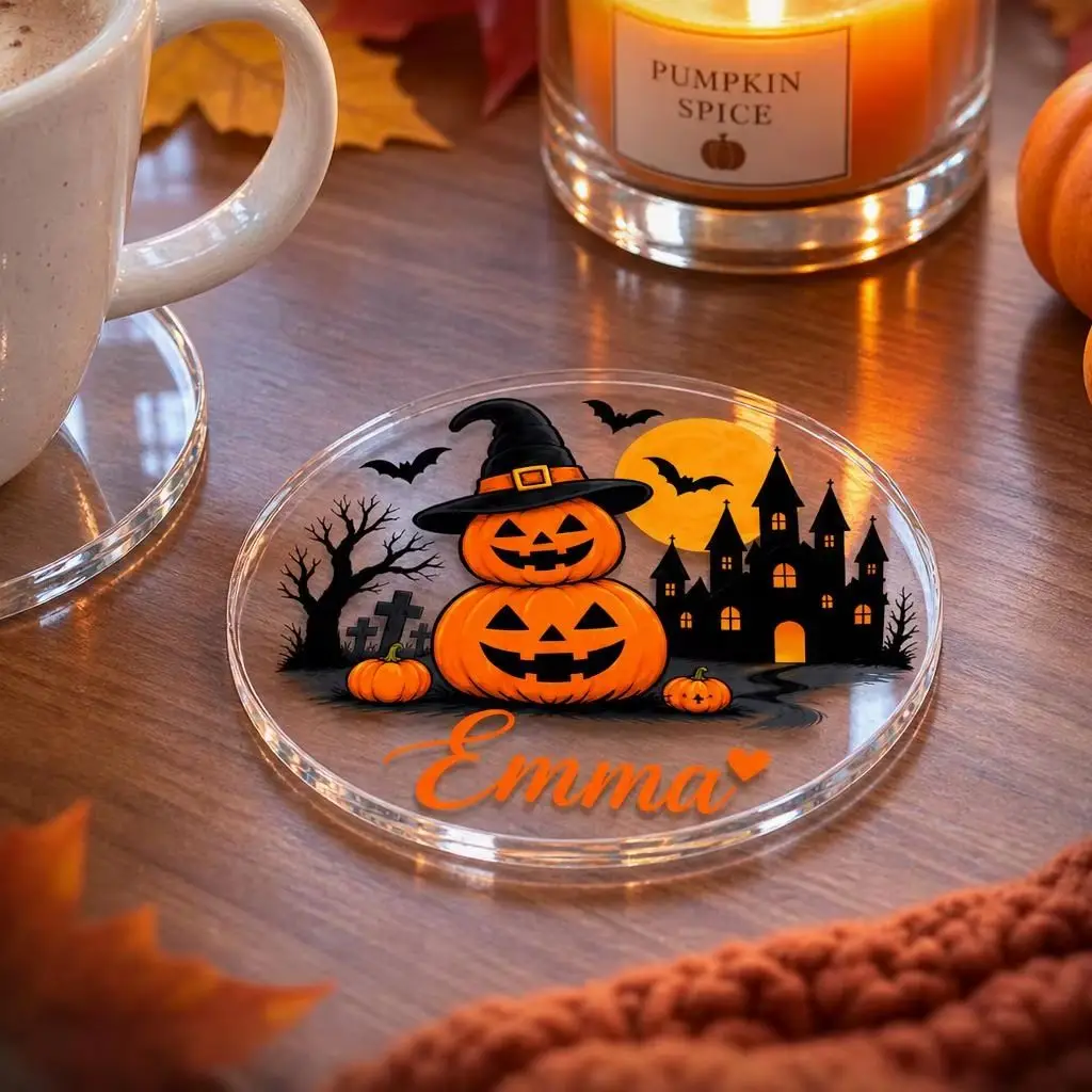 Personalized Halloween Acrylic Coaster, Custom Name Pumpkin/Mommy Drink Coaster, Fall Table Decor, Halloween Gift