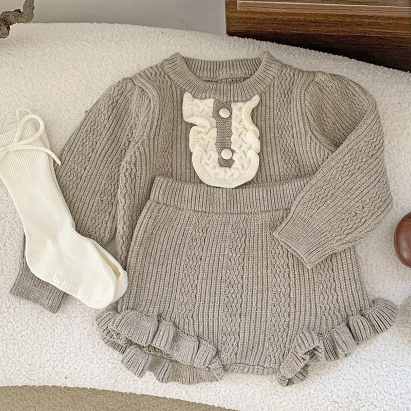 2024 New Autumn Newborn Baby Girls Clothing Set Long Sleeved Knitted Pullover+Shorts Toddler Baby Girl Knitted Clothes Suit