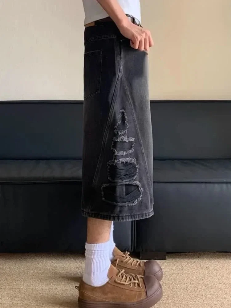 New Fashionable Women Washed Denim Shorts Summer American Retro Men's and Women's Loose Brimmed Wide Leg Straight Leg Capris