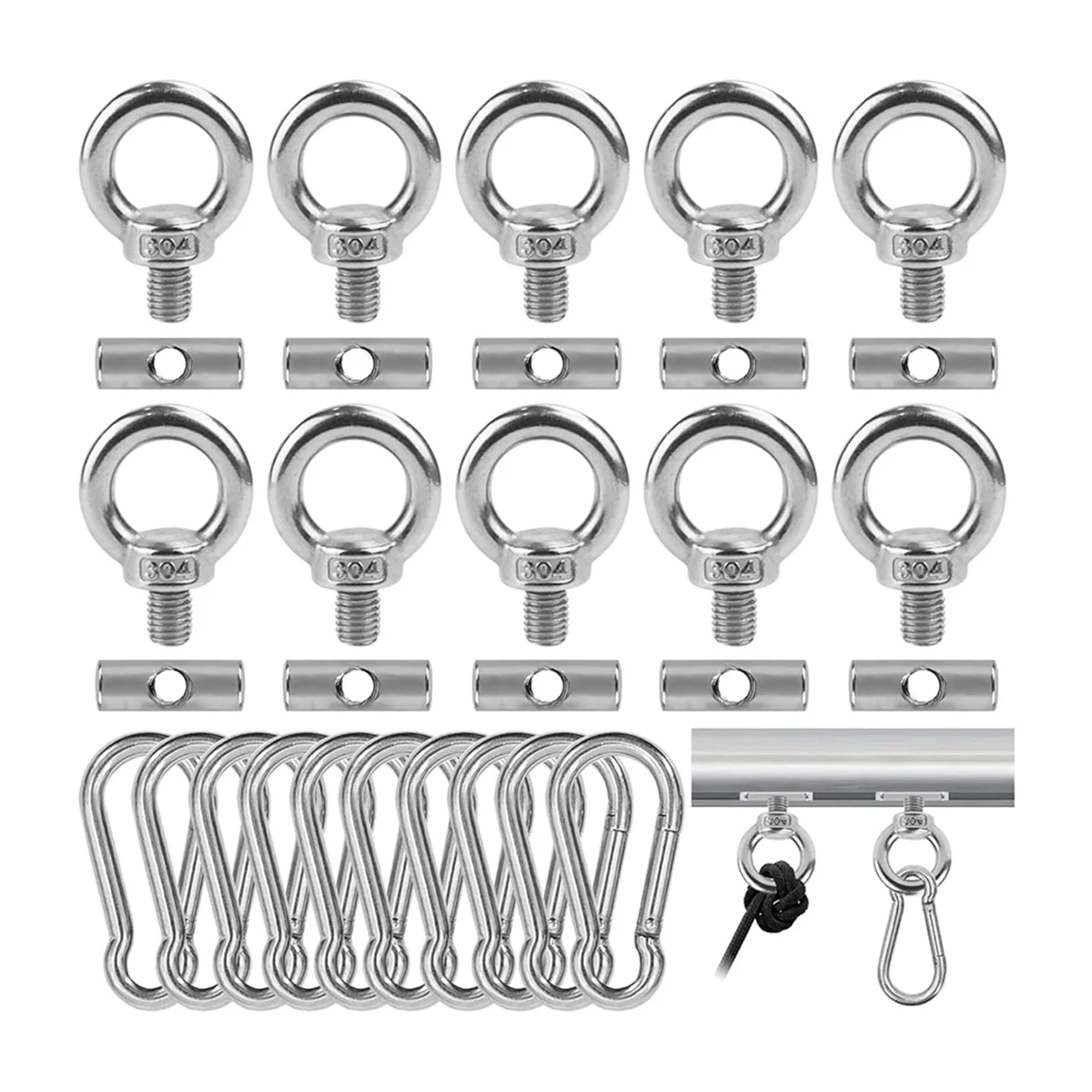 10PCS Awning Rail Stoppers 6mm with 10 Carabiners, 304 Stainless Steel Rv Awning Hooks for Lights Camping Awning